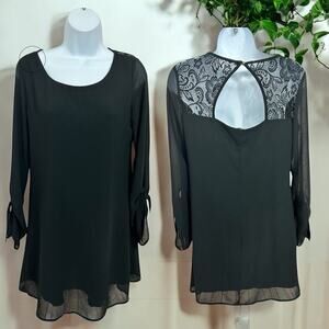 Speechless Black Lace Back Roll Tab Shift Dress Sz XS Lined Scoop Neck